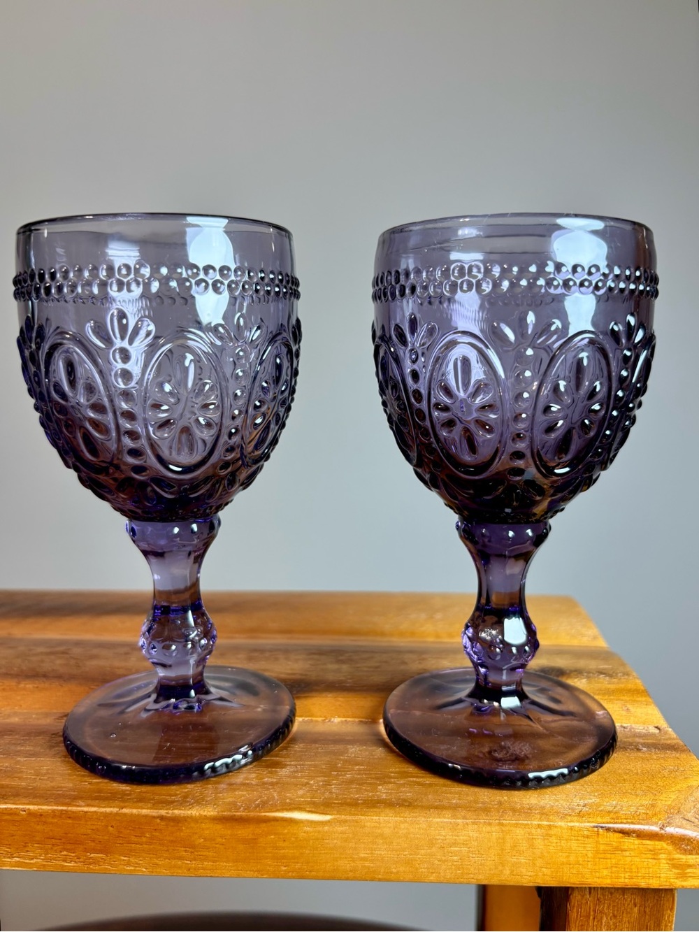 Plum / Purple Embossed Glass Goblet Set of 2 - Vintage inspired Retro drink ware